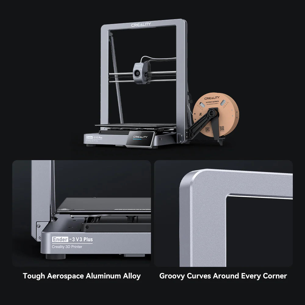 3dfactorylb Creality Ender-3 V3 Plus 3D printer with metal frame, filament spool holder, and touchscreen display in a workshop setting