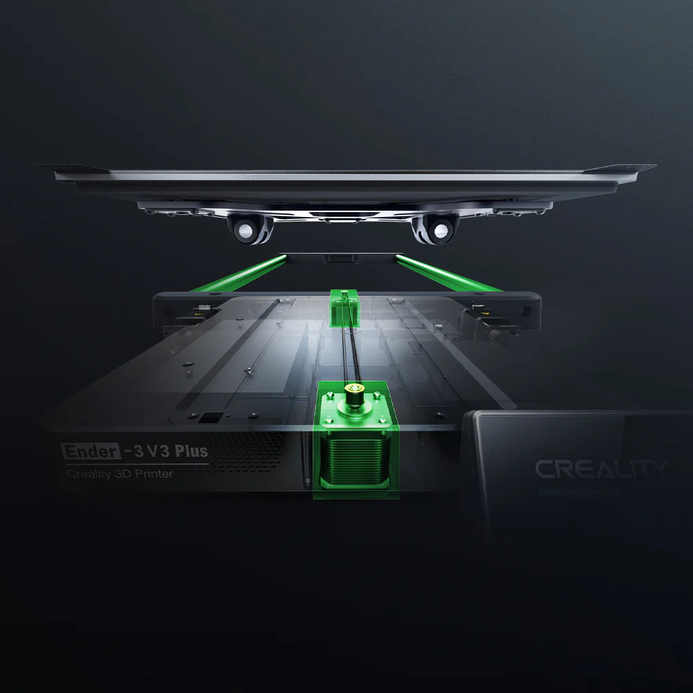 Creality Ender-3 V3 Plus 3D printer by 3dfactorylb showing the printer's build platform, frame, and filament spool in a well-lit setting.