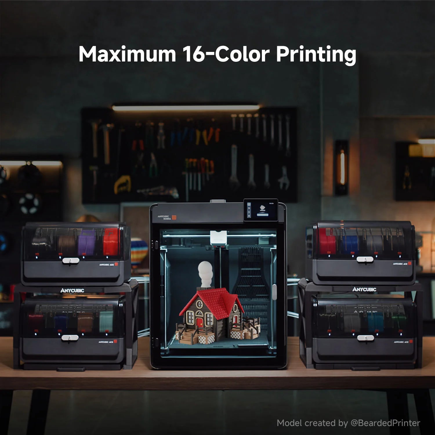 3dfactorylb Anycubic Kobra S1 Max 3D printer with metal frame, touchscreen display, and filament spool holder in a clean workspace