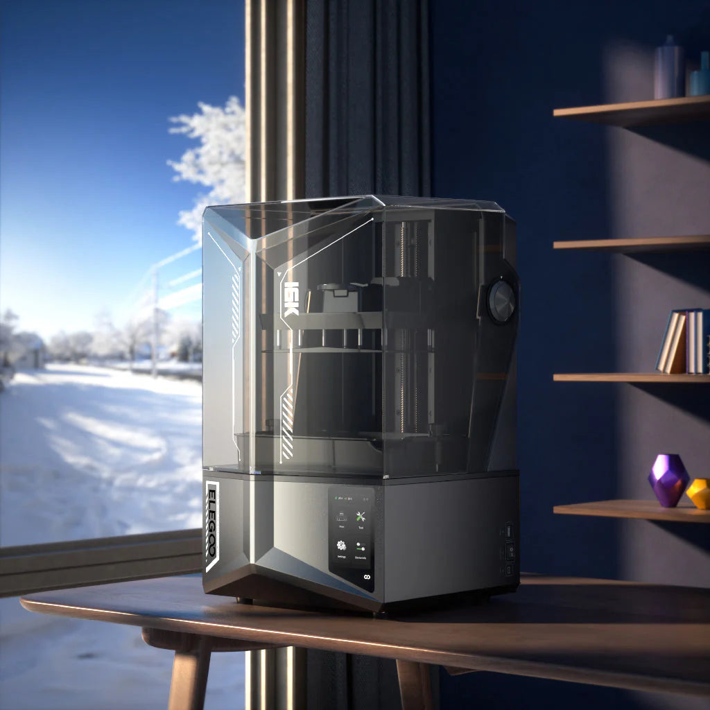 3dfactorylb Elegoo Saturn 4 Ultra 16K Resin 3D printer with EU plug, showing the printer setup and display screen in a modern workspace