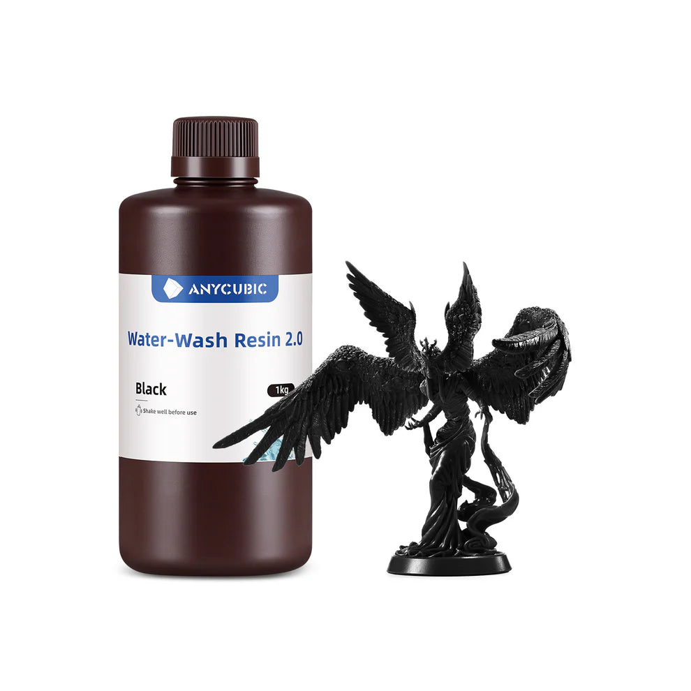 Black 3dfactorylb water washable resin 1kg for 3D printing, shown in a container with resin model in the image.