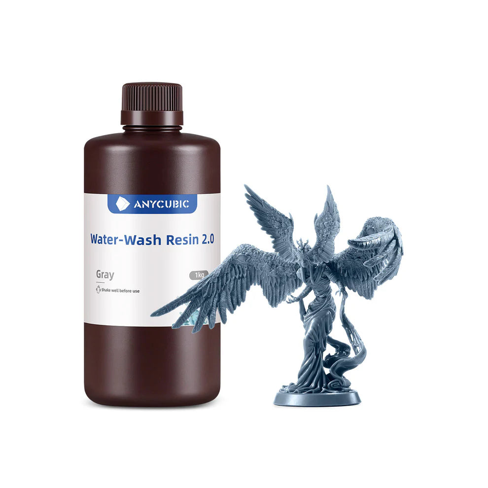 Gray 3dfactorylb Anycubic water washable resin 1kg bottle for 3D printing, featuring clear labeling and a transparent cap.